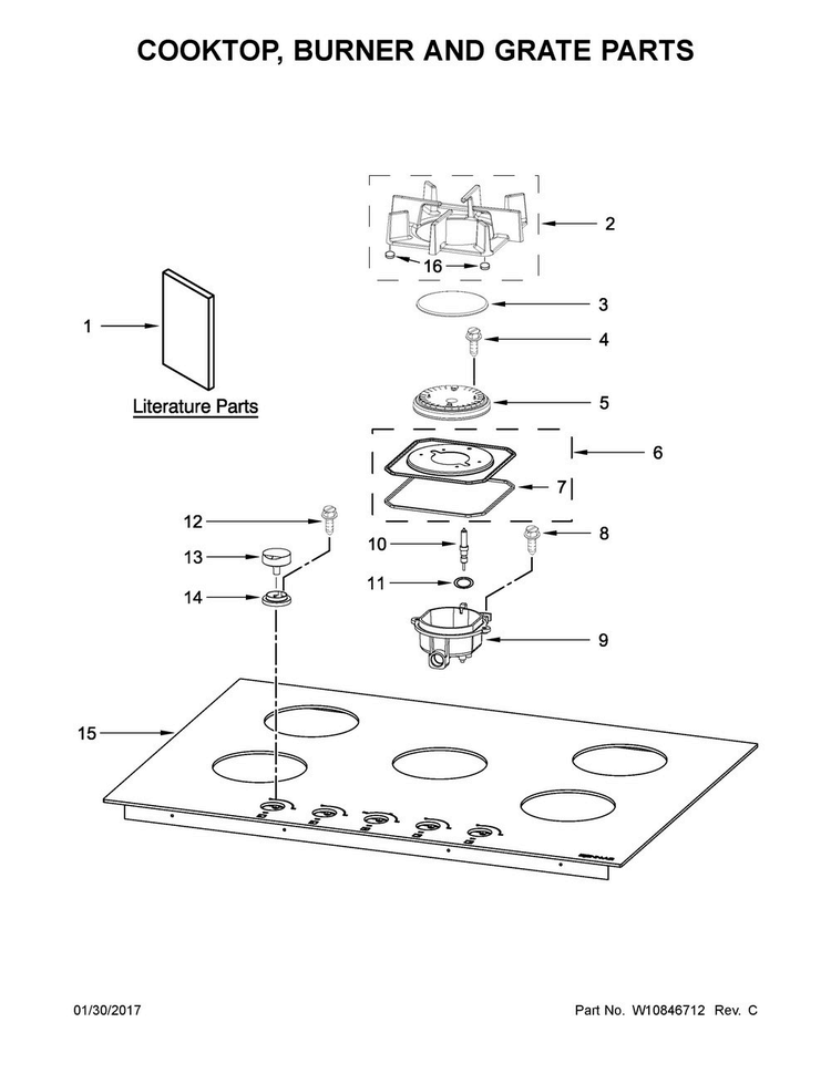 Cooktop, Burner And Grate Parts Diagram and Parts List for JGC2536EB00  Jenn-Air Cooktop