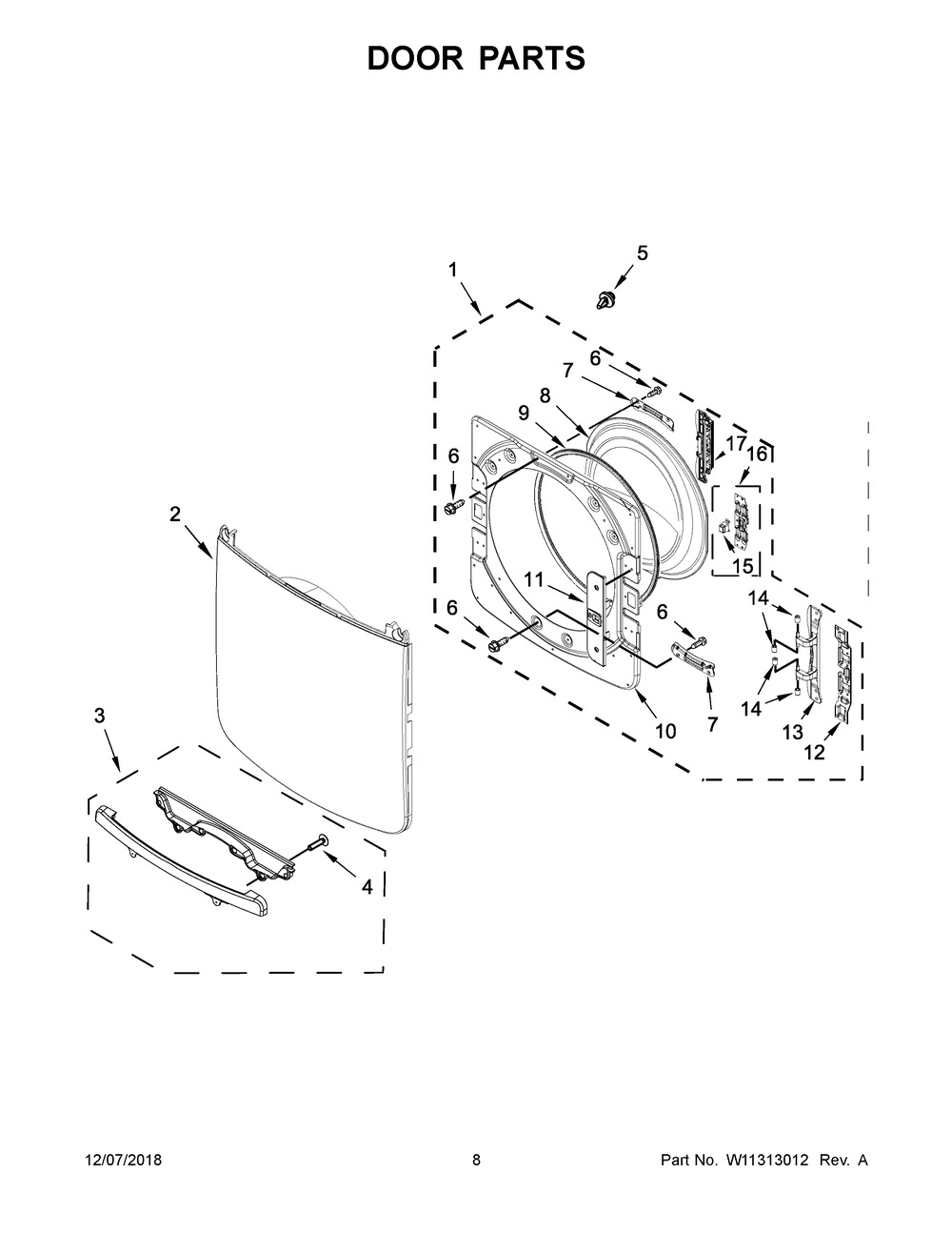 Door Parts Diagram and Parts List for MED5630HC0  Maytag Dryer