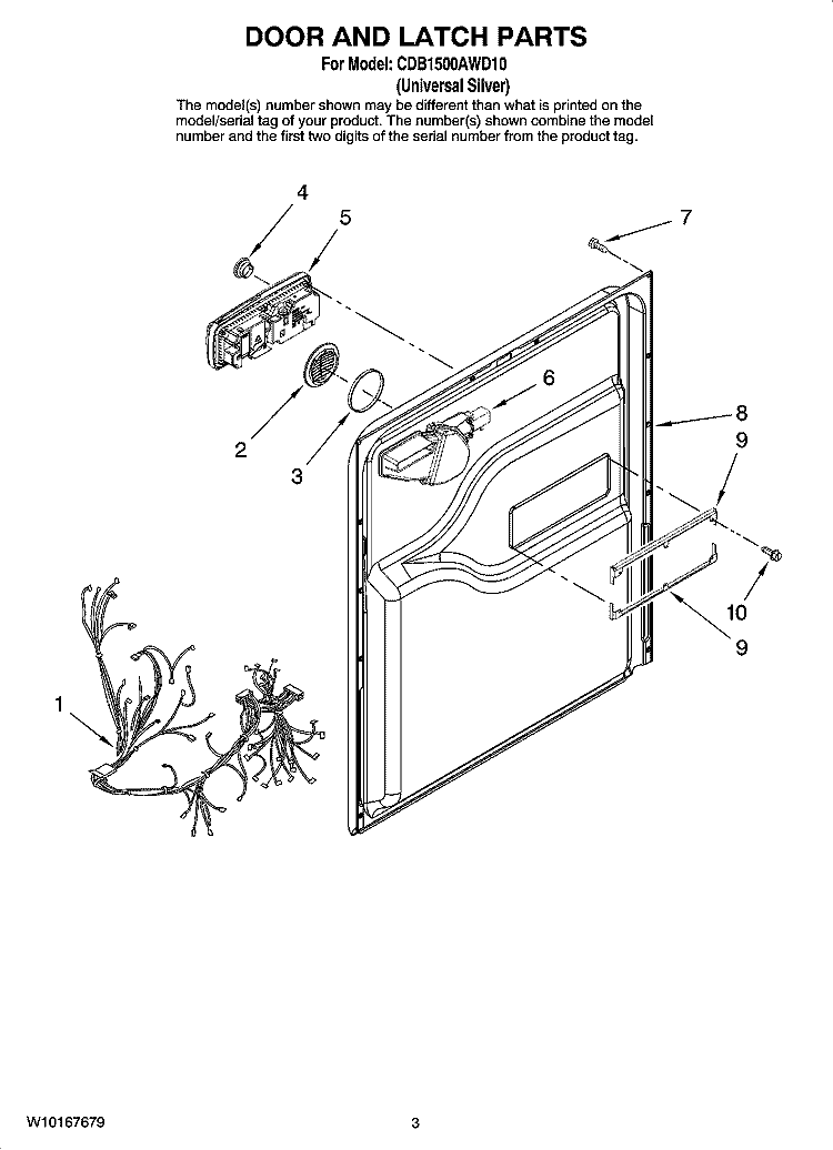 DOOR AND LATCH PARTS Diagram and Parts List for CDB1500AWD10  Magic Chef Dishwasher