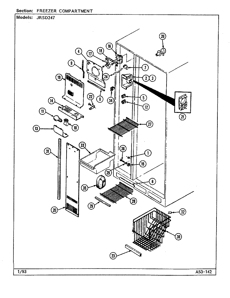 FREEZER COMPARTMENT Diagram and Parts List for JRSD247B DQ83A Jenn-Air Refrigerator