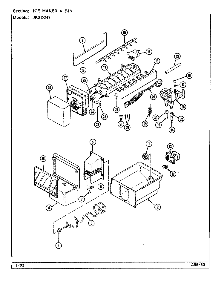 ICE MAKER & BIN Diagram and Parts List for JRSD247B DQ83A Jenn-Air Refrigerator