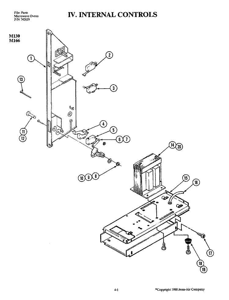 INTERNAL CONTROLS Diagram and Parts List for M130  Jenn-Air Microwave