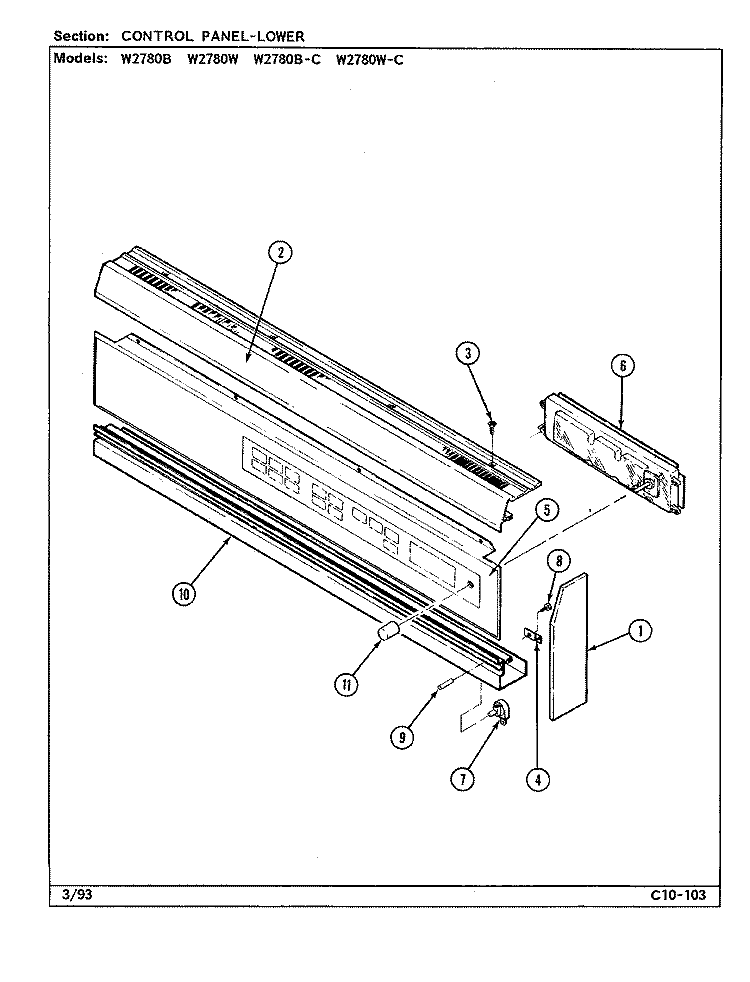 CONTROL PANEL (LOWER) Diagram and Parts List for W2780B-C  Jenn-Air Wall Oven