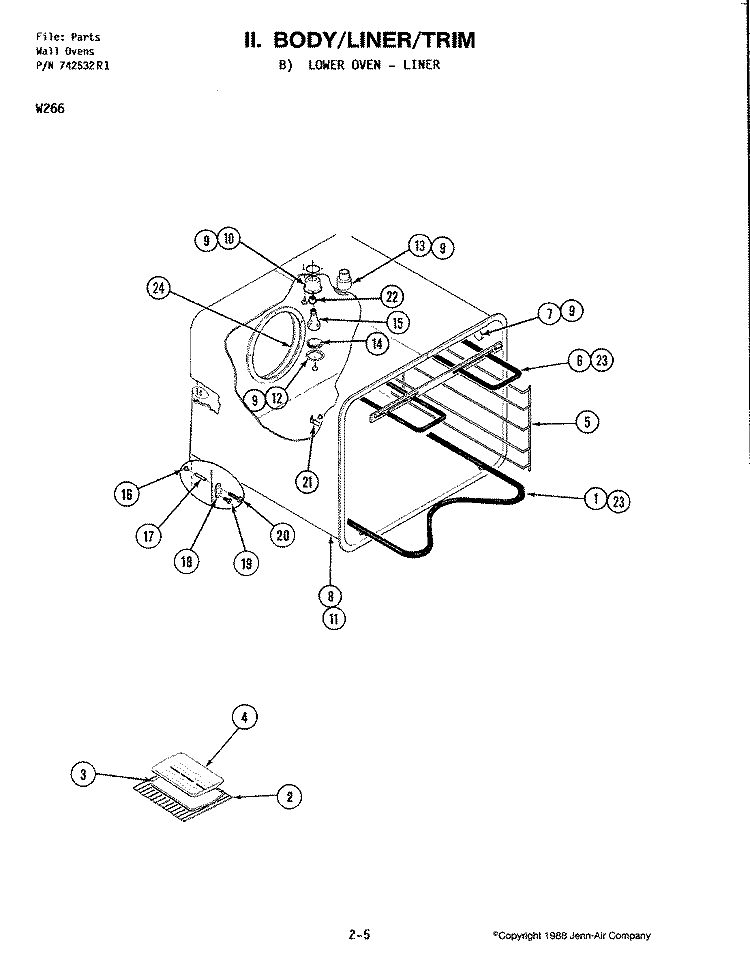 BODY - LINER / TRIM - LOWER OVEN Diagram and Parts List for W266  Jenn-Air Microwave Oven Combo