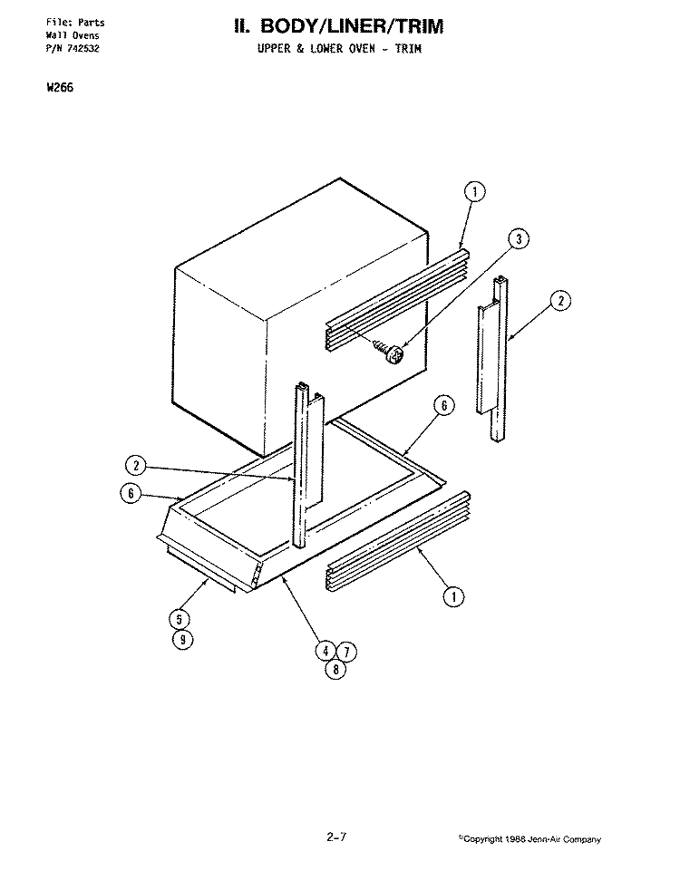 BODY - LINER / TRIM - UPPER & LOWER OVEN Diagram and Parts List for W266  Jenn-Air Microwave Oven Combo