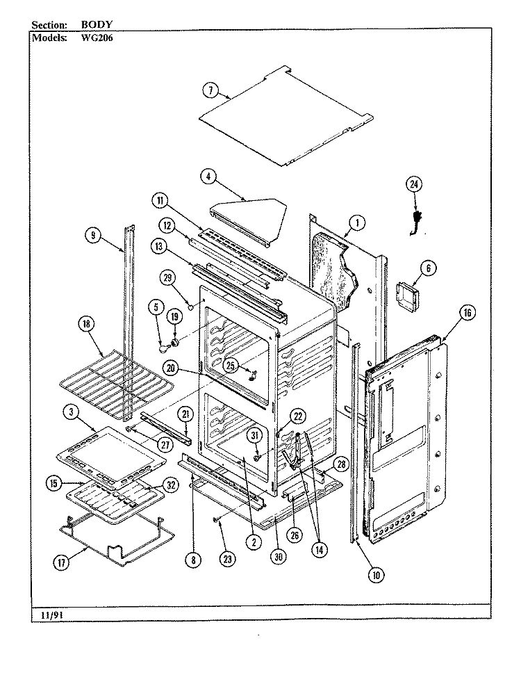 BODY Diagram and Parts List for WG206  Jenn-Air Wall Oven