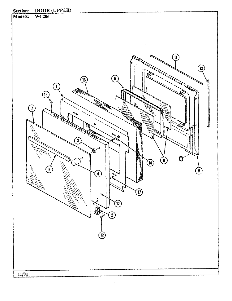 DOOR - UPPER Diagram and Parts List for WG206  Jenn-Air Wall Oven