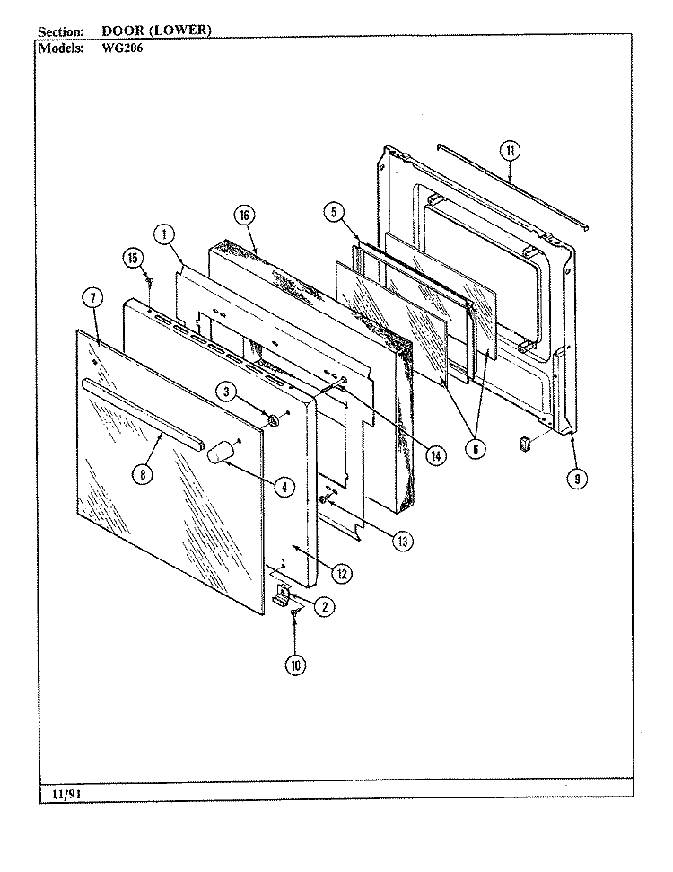 DOOR - LOWER Diagram and Parts List for WG206  Jenn-Air Wall Oven