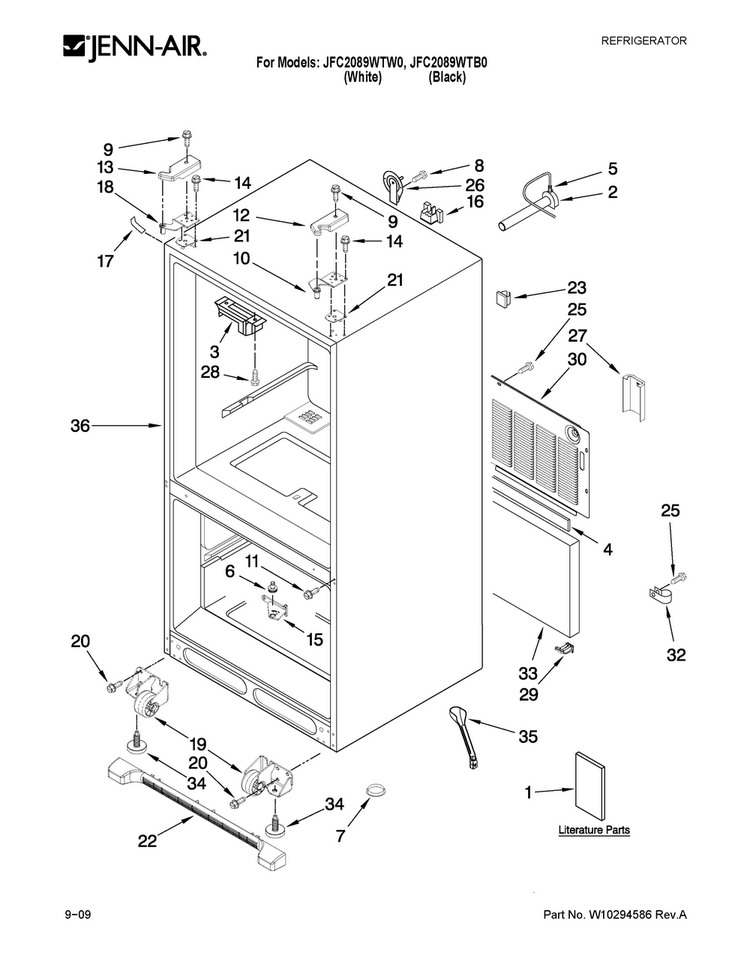 Cabinet Parts Diagram and Parts List for JFC2089WTB0  Jenn-Air Refrigerator
