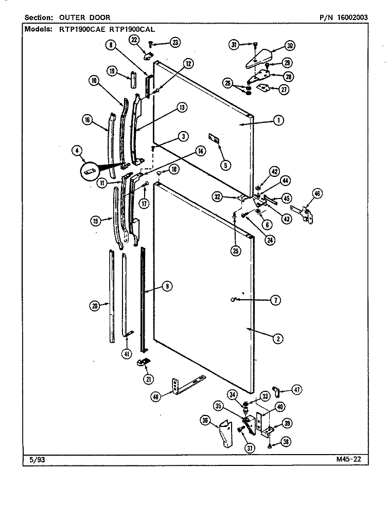 OUTER DOOR Diagram and Parts List for RTP1900CAL DH54A Maytag Refrigerator
