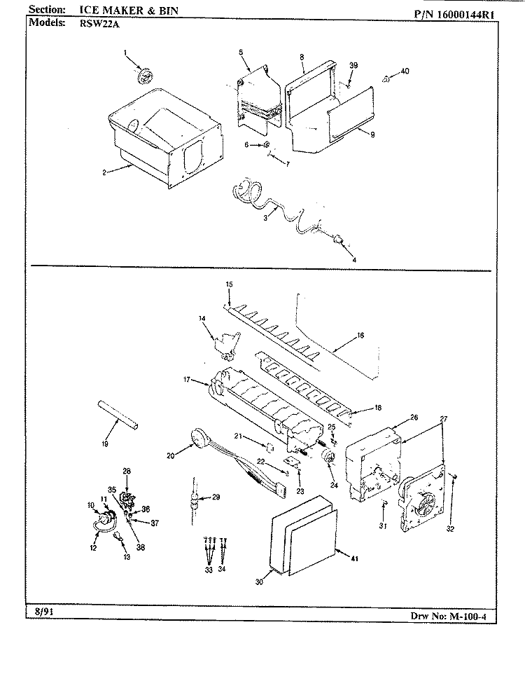 ICE MAKER & BIN Diagram and Parts List for RSW22A BM31A Maytag Refrigerator