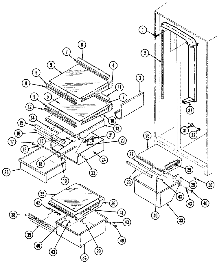 SHELVES & ACCESSORIES Diagram and Parts List for RSW2200CAW DM31B Maytag Refrigerator