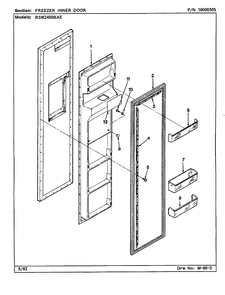 FREEZER INNER DOOR Diagram and Parts List for RSW2400BAE CM86A International Refrigerator
