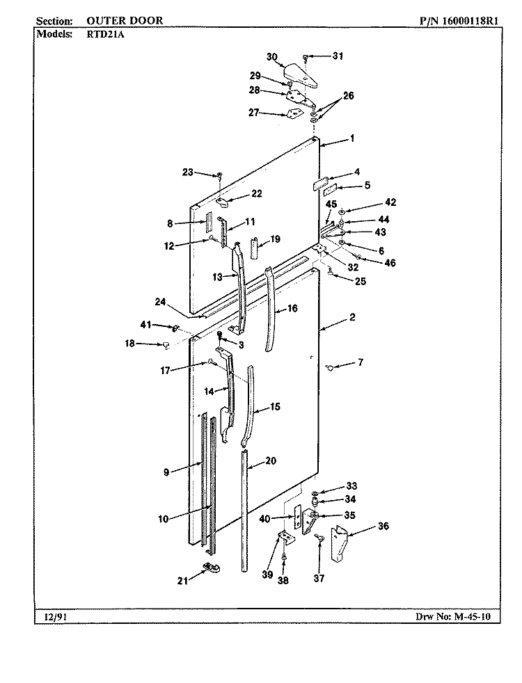 DOOR (OUTER) Diagram and Parts List for RTD21A AH71C Maytag Refrigerator