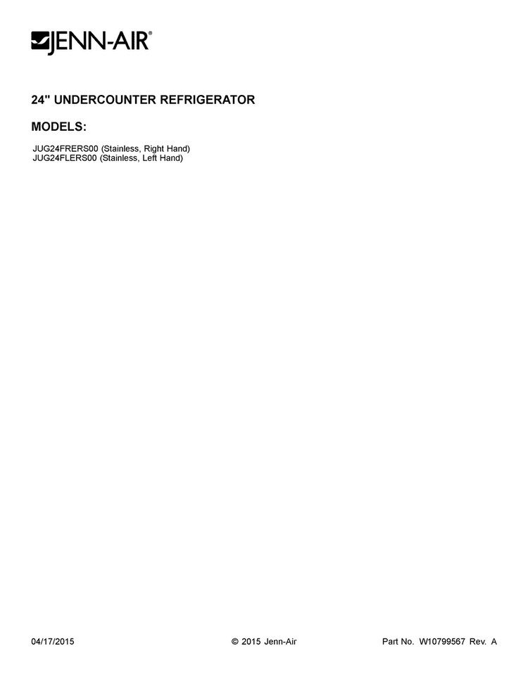 Cover Sheet Diagram and Parts List for JUG24FLERS00  Jenn-Air Refrigerator
