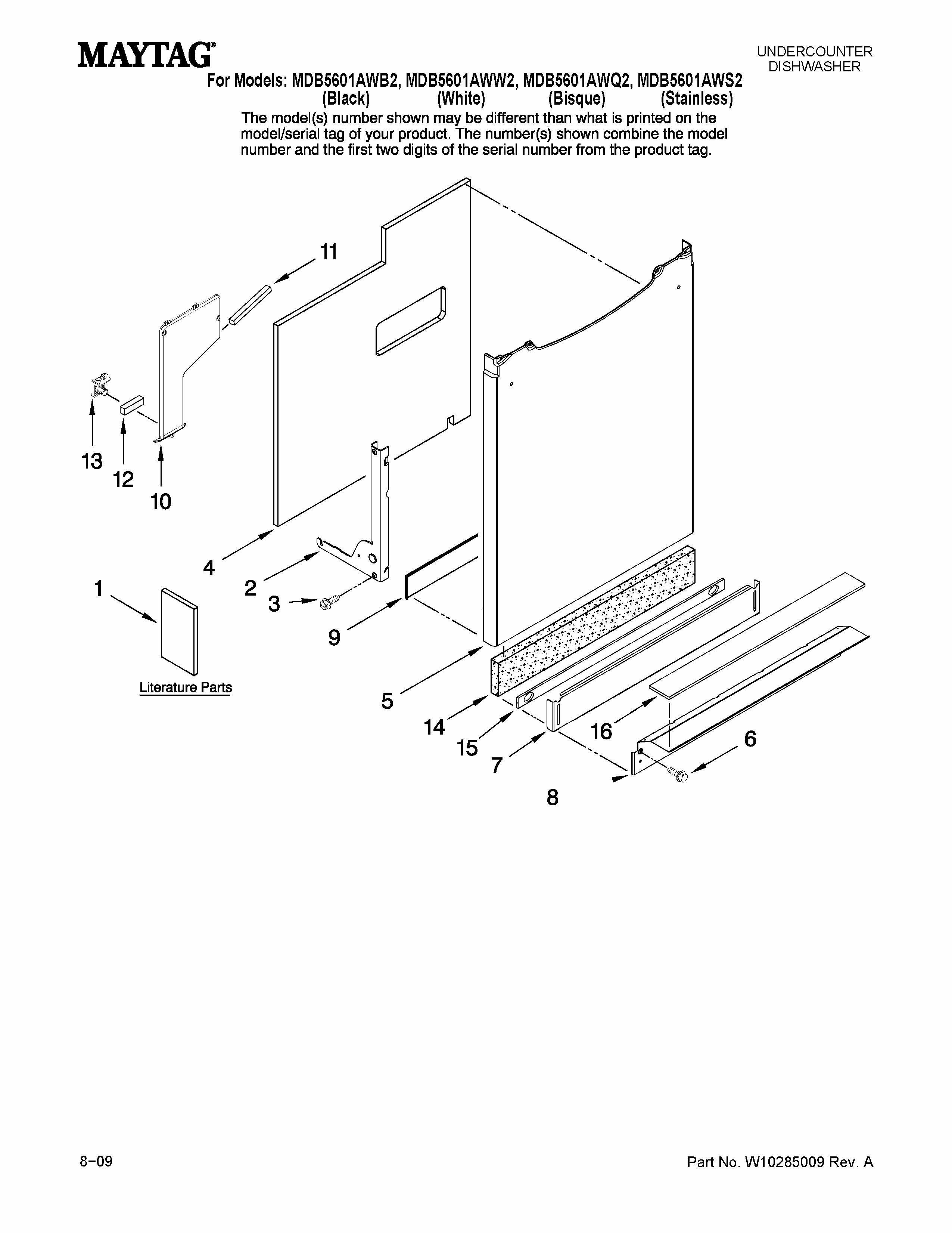 Door And Panel Parts Diagram and Parts List for MDB5601AWQ2  Maytag Dishwasher