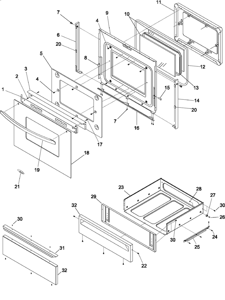 Oven Door And Storage Drawer Diagram and Parts List for ACS7270AW0  Amana Range
