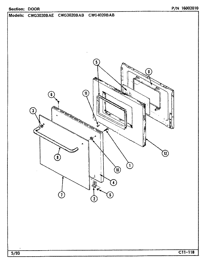 DOOR Diagram and Parts List for CWG3020BAB  Maytag Wall Oven