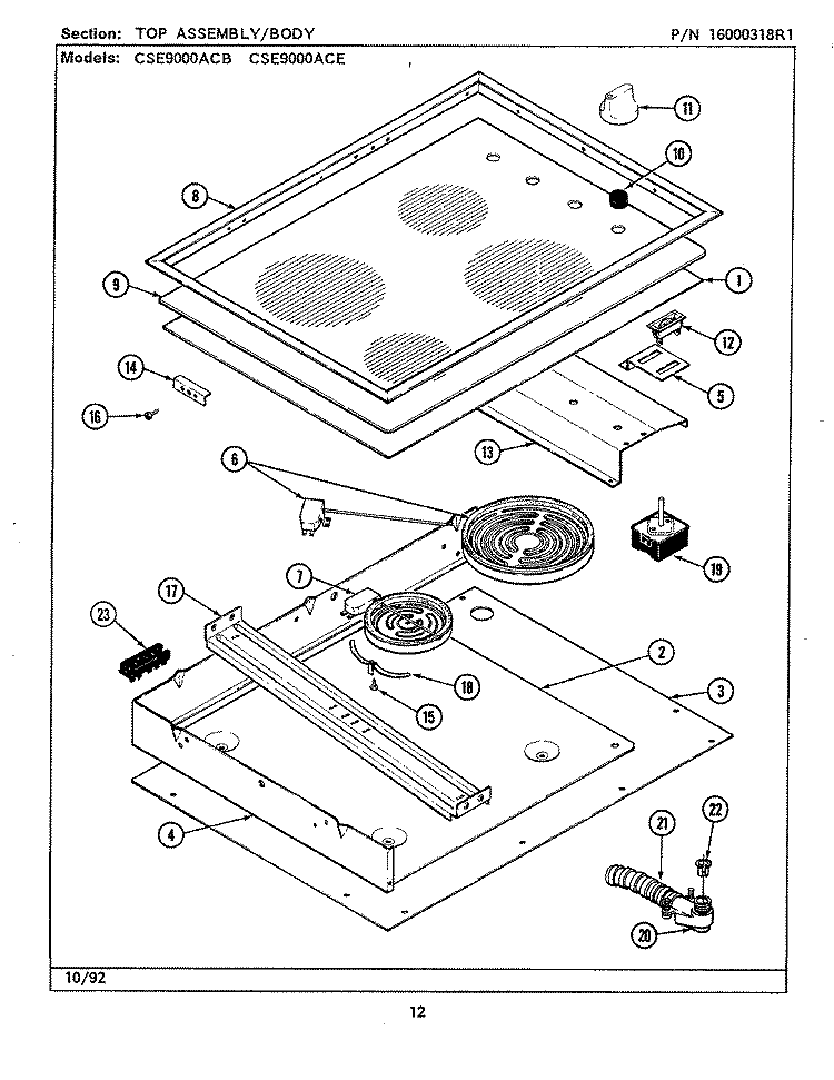 TOP ASSEMBLY & BODY (SERIES 00 - 09) Diagram and Parts List for CSE9000ACE  Maytag Cooktop