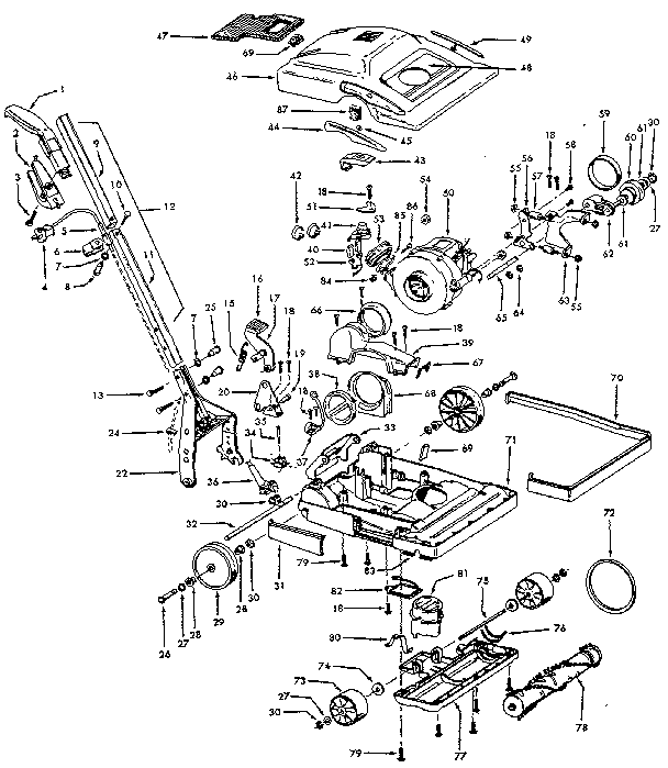 Main Assembly Diagram and Parts List for U7069  Hoover Upright Vacuum