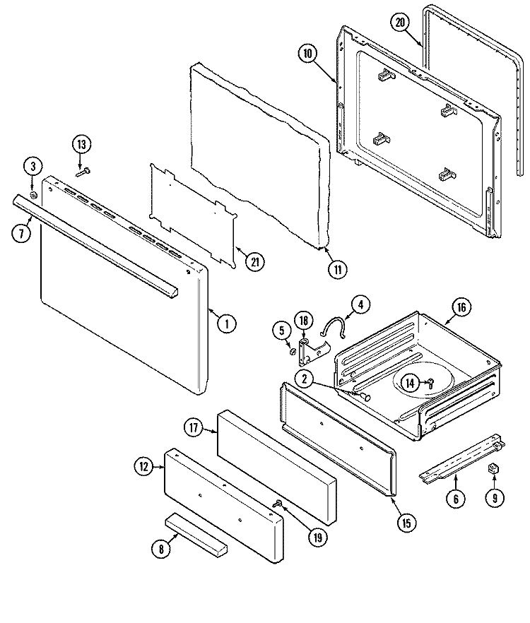 DOOR / DRAWER Diagram and Parts List for 3110PTW-KL  Magic Chef Range