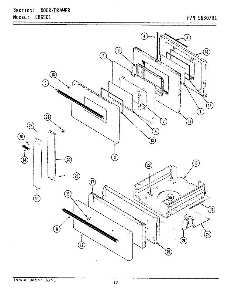 DOOR / DRAWER Diagram and Parts List for CBG501  Maytag Range