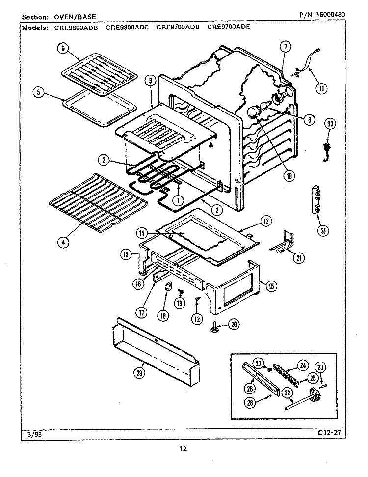 OVEN / BASE Diagram and Parts List for CRE9700ADB  Maytag Range