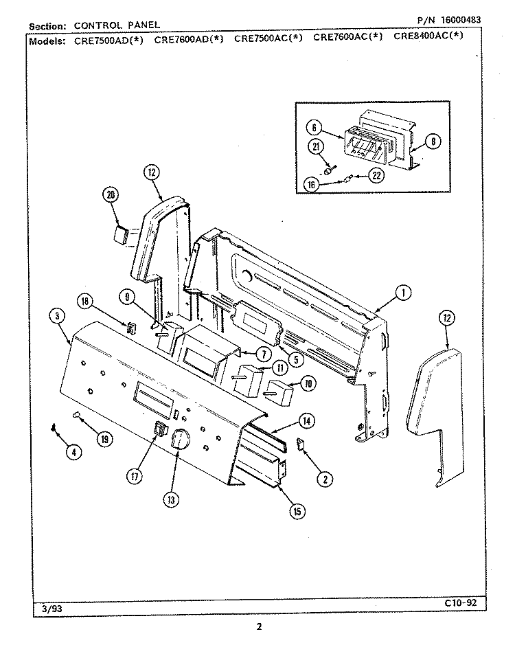 CONTROL PANEL Diagram and Parts List for CRE7600ACW  Maytag Range