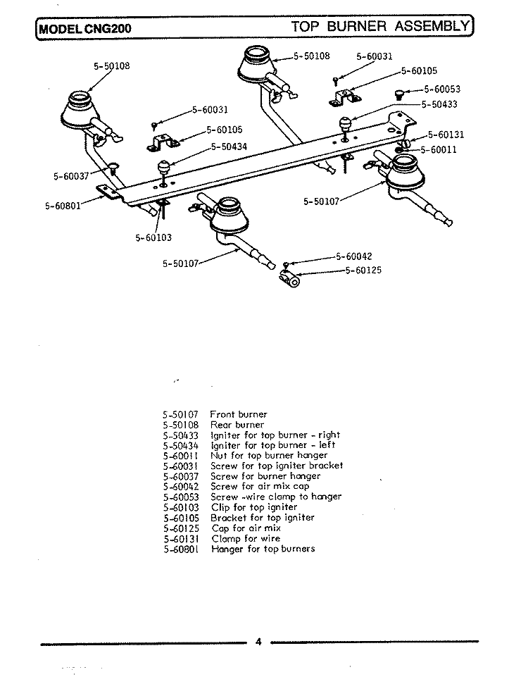 TOP BURNER ASSEMBLY Diagram and Parts List for CNG200  Maytag Range