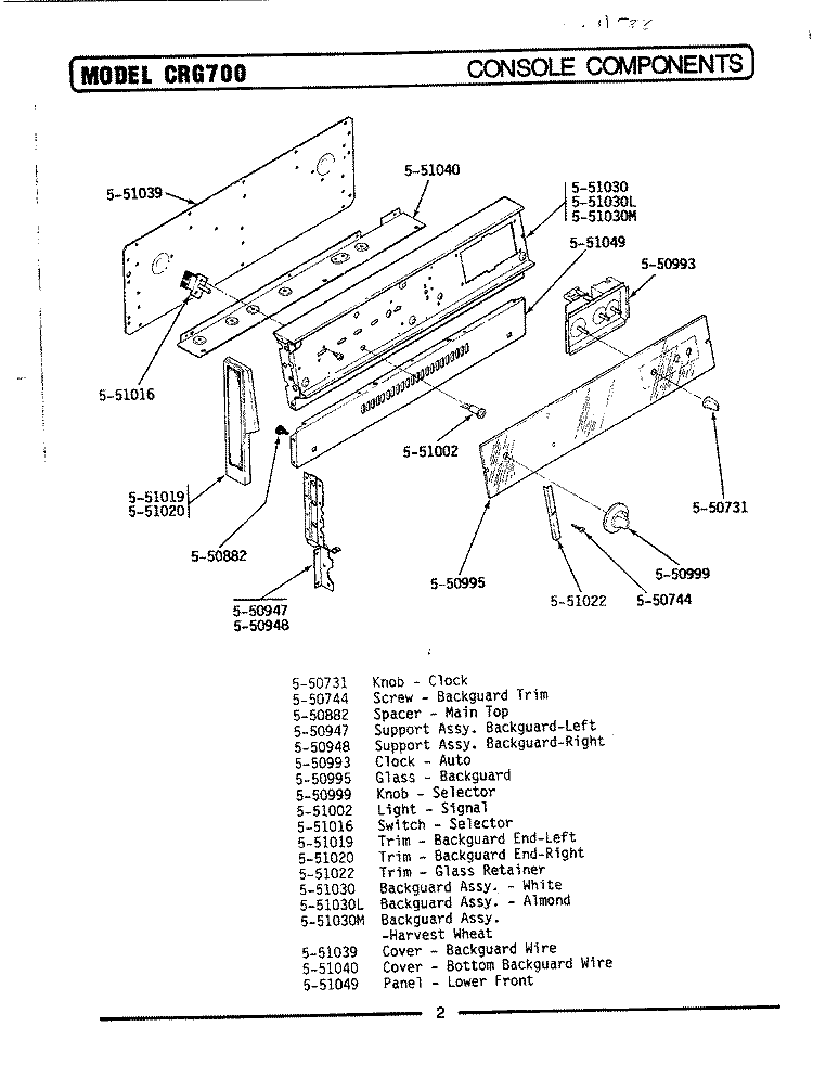 CONSOLE COMPONENTS Diagram and Parts List for CRG700  Maytag Range