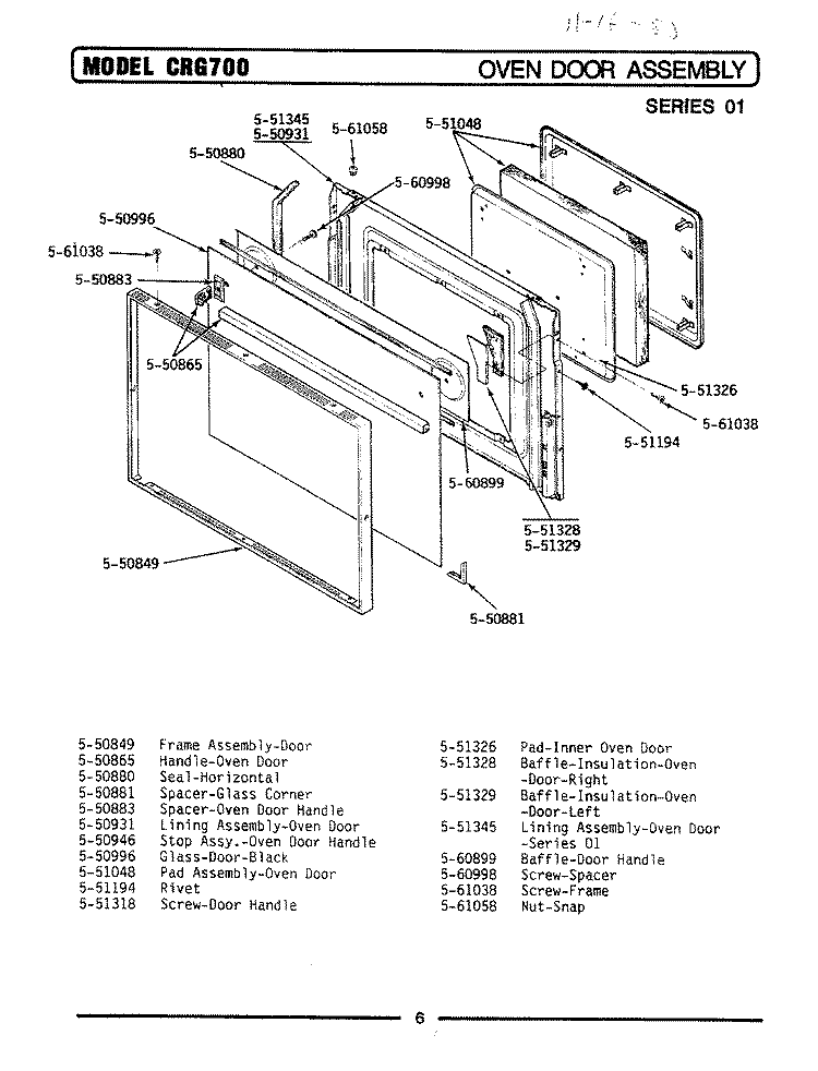 OVEN DOOR ASSEMBLY Diagram and Parts List for CRG700  Maytag Range