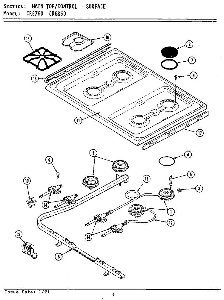MAIN TOP / GAS CONTROLS (xCRG760 xCRG860) Diagram and Parts List for LCRG860  Maytag Range