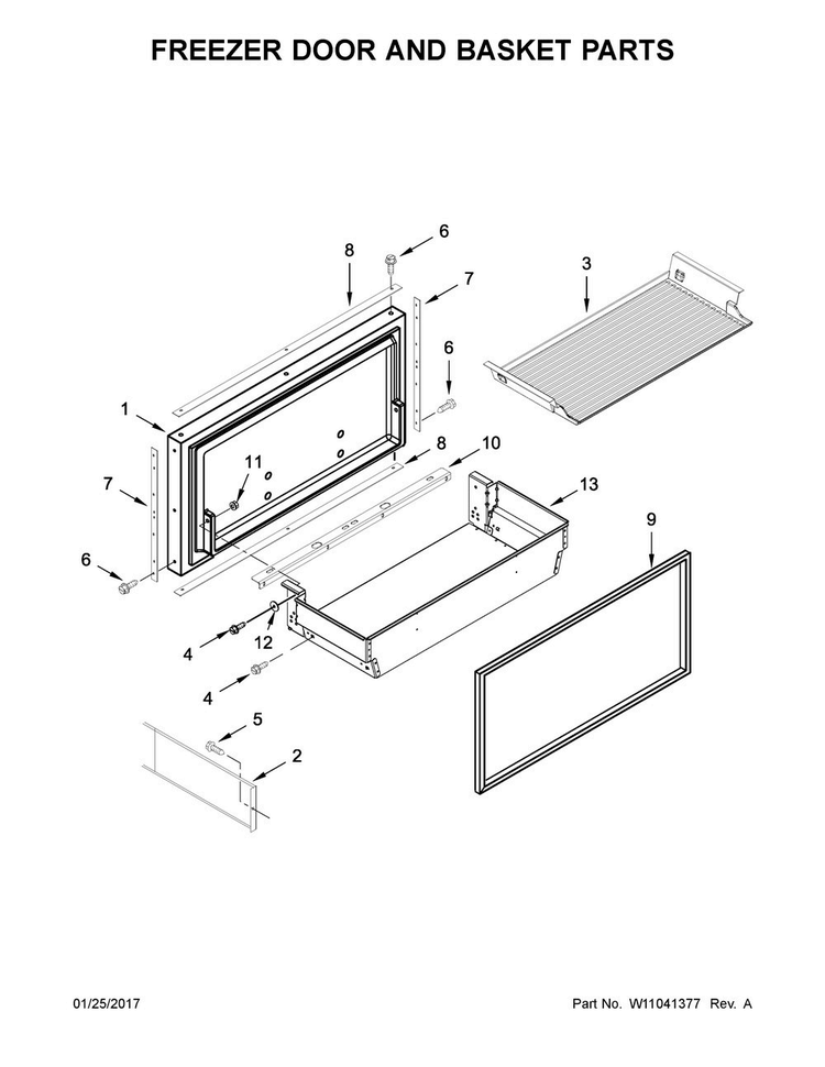 Freezer Door And Basket Parts Diagram and Parts List for JF42NXFXDE02  Jenn-Air Refrigerator