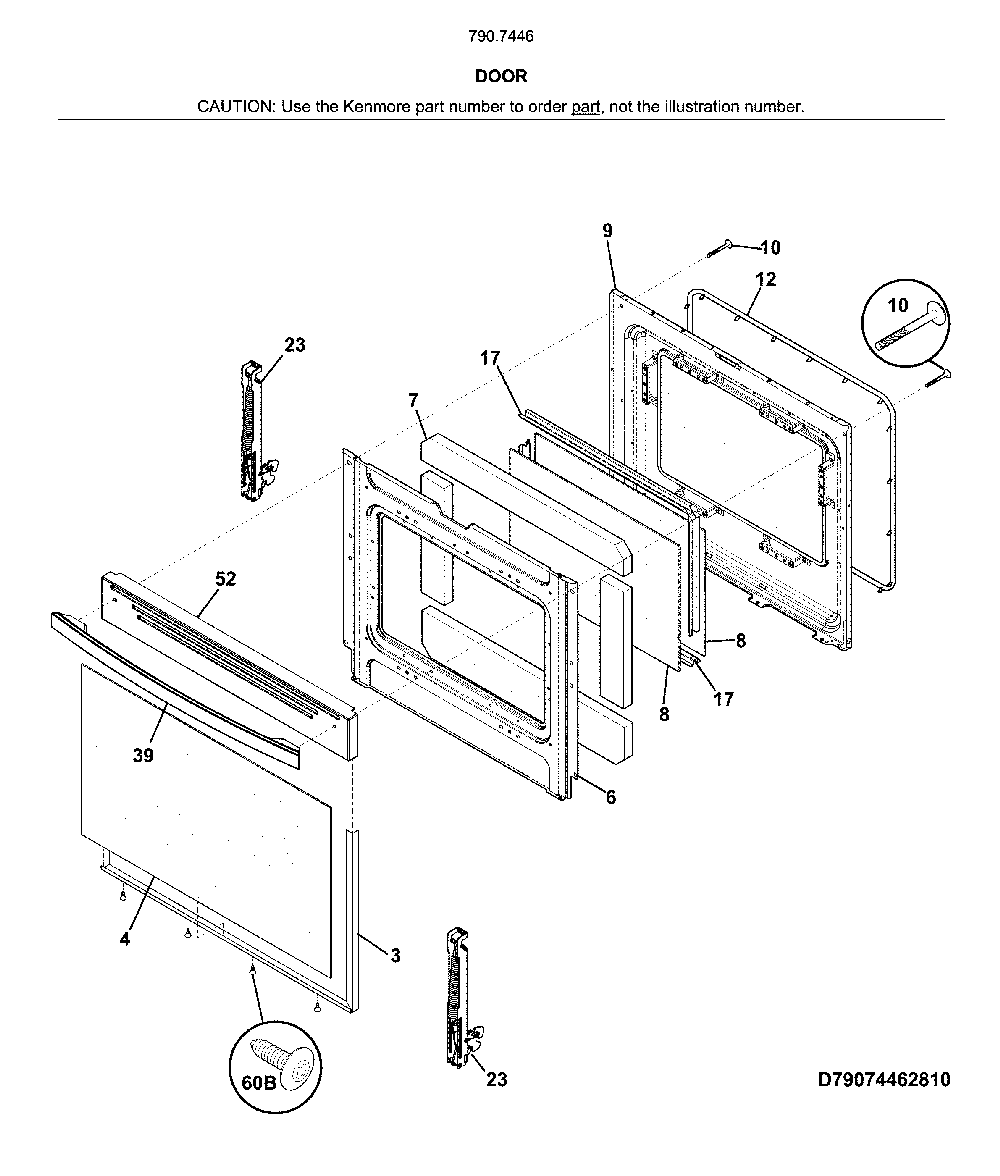 Door Diagram and Parts List for 79074469810  Kenmore Range