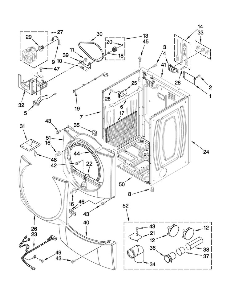 Cabinet Parts Diagram and Parts List for MEDE500WJ0  Maytag Dryer