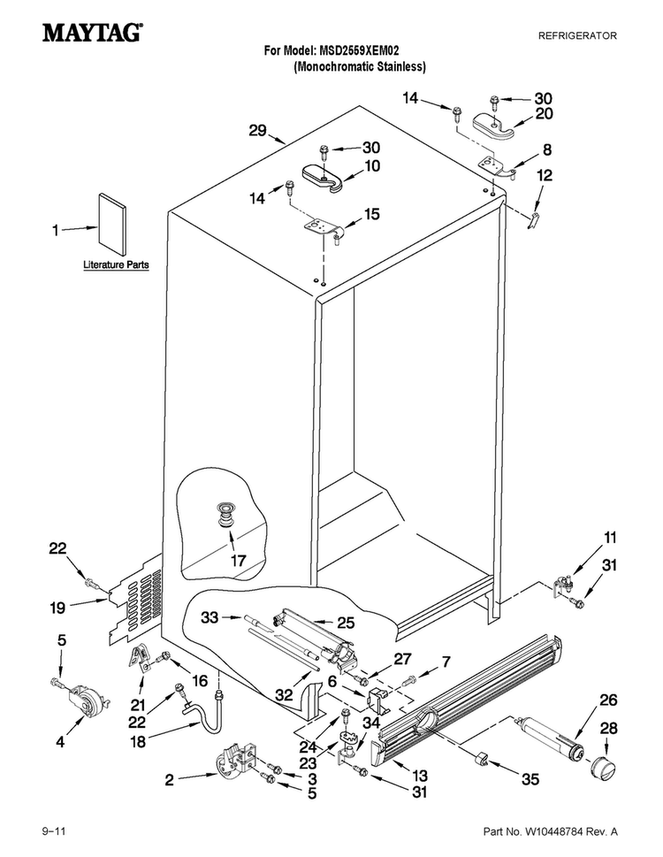 Cabinet Parts Diagram and Parts List for MSD2559XEM02  Maytag Refrigerator