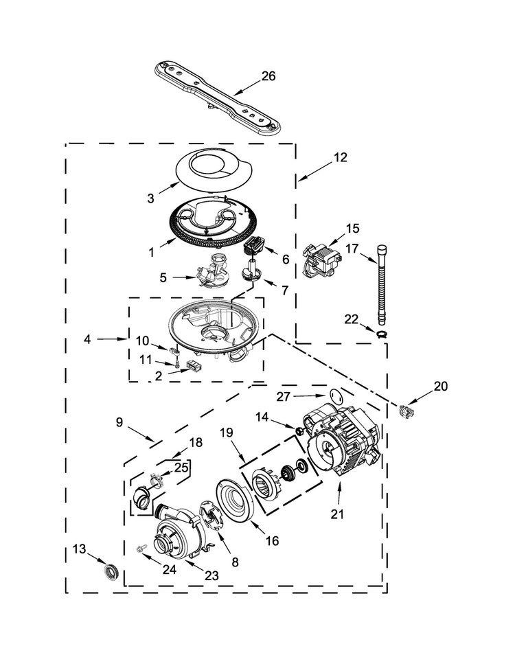 Pump, Washarm And Motor Parts Diagram and Parts List for MDB8979SEZ0  Maytag Dishwasher