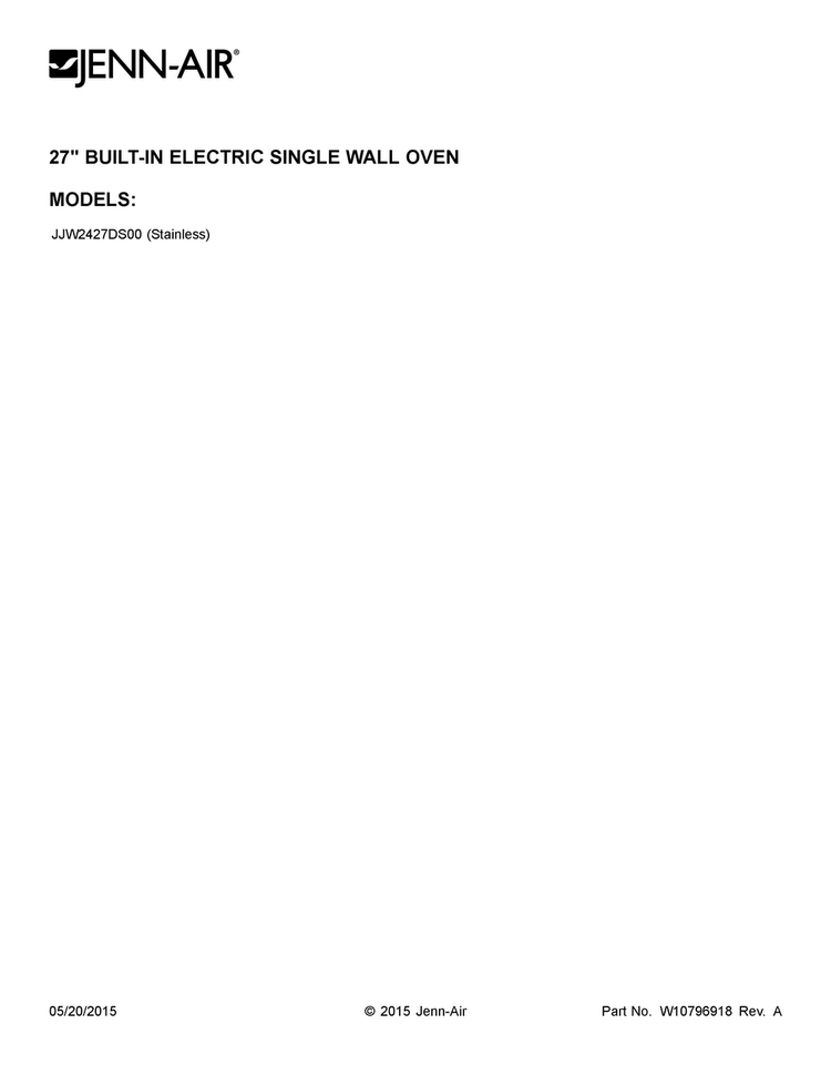 Cover Sheet Diagram and Parts List for JJW2427DS00  Jenn-Air Wall Oven