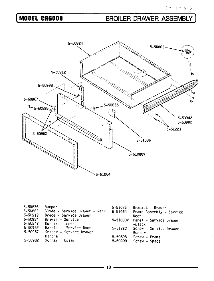 BROILER DRAWER Diagram and Parts List for BCRG800  Maytag Range