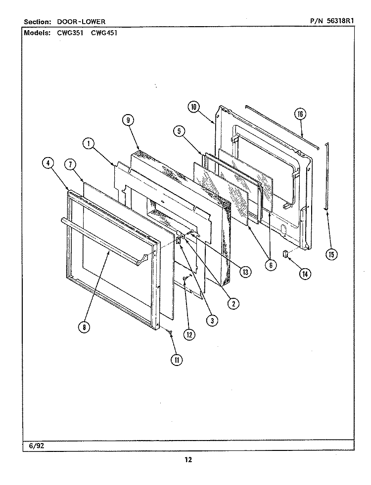 DOOR - LOWER Diagram and Parts List for CWG451  Maytag Wall Oven