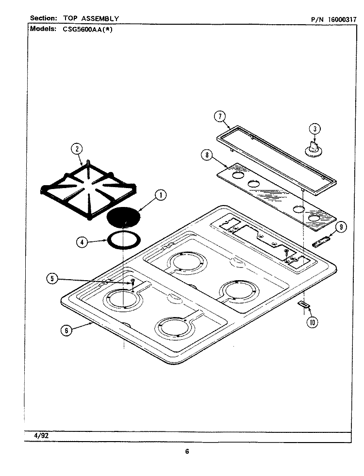 TOP ASSEMBLY Diagram and Parts List for CSG5600AAD  Maytag Cooktop