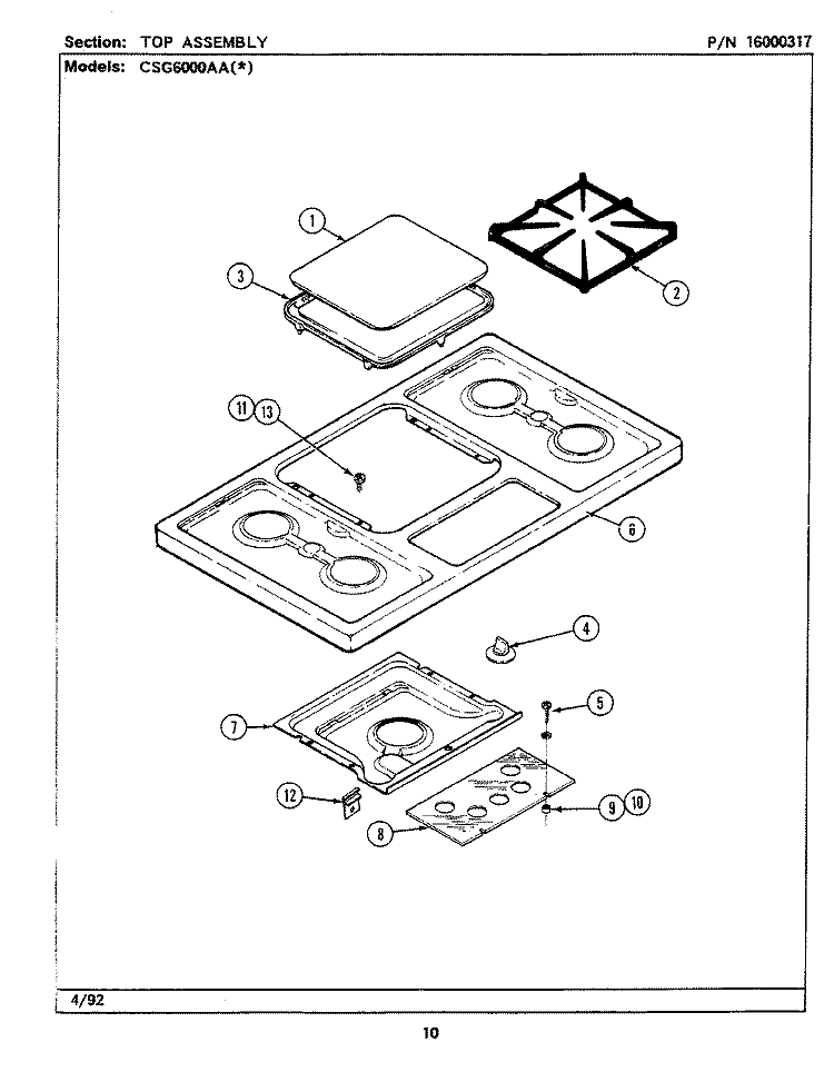 TOP ASSEMBLY Diagram and Parts List for CSG6000AAW  Maytag Cooktop
