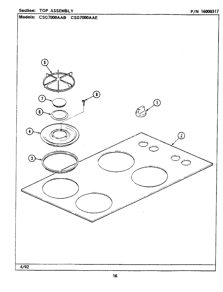 TOP ASSEMBLY Diagram and Parts List for CSG7000AAE  Maytag Cooktop