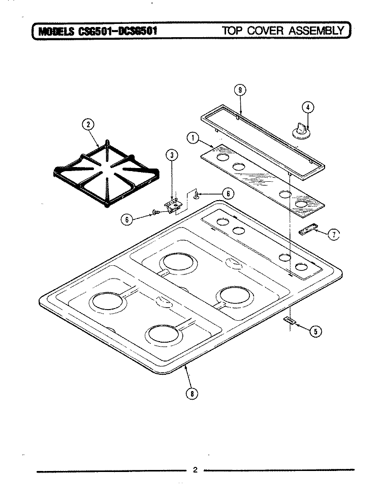 TOP COVER ASSEMBLY Diagram and Parts List for CSG501  Maytag Cooktop