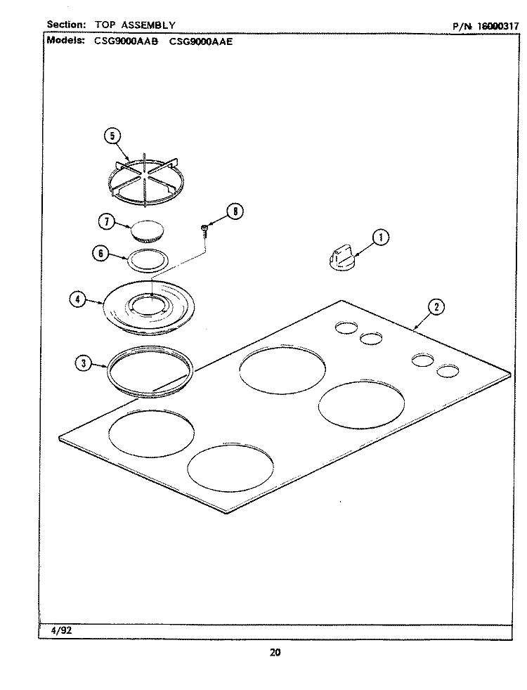 TOP ASSEMBLY Diagram and Parts List for CSG9000AAB  Maytag Cooktop