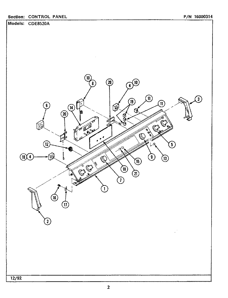 CONTROL PANEL Diagram and Parts List for CDE8520ACB  Maytag Range