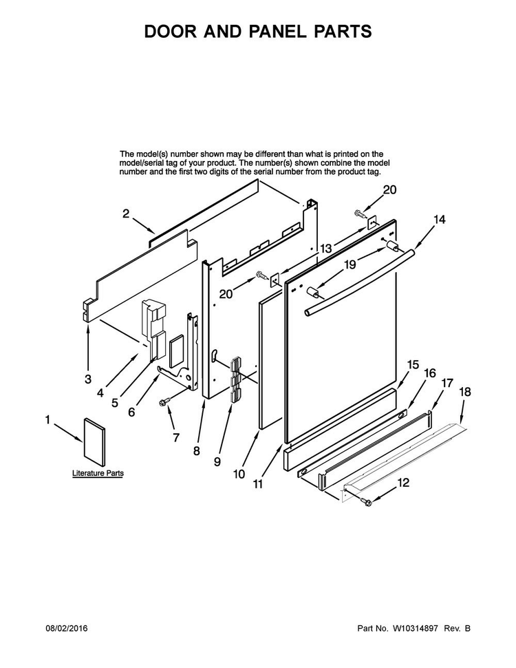 Door And Panel Parts Diagram and Parts List for JDB1255AWB2  Jenn-Air Dishwasher