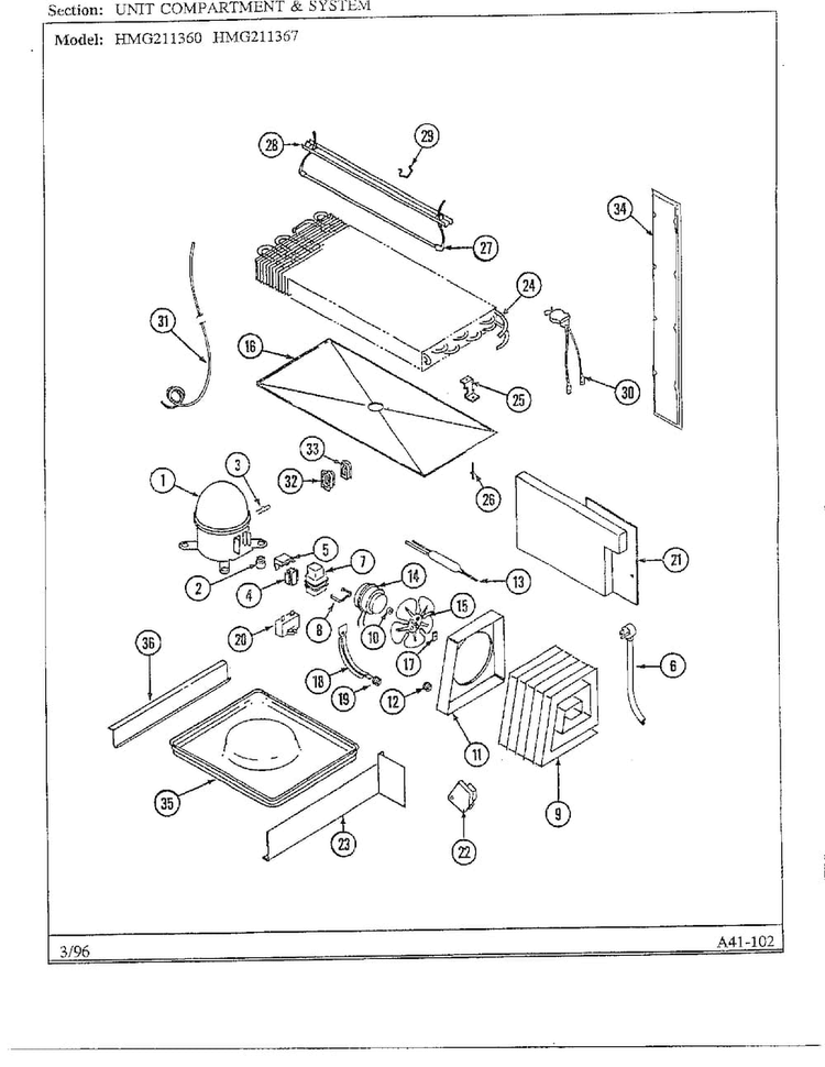 Unit Compartment/system Diagram and Parts List for HMG211360  Admiral Refrigerator