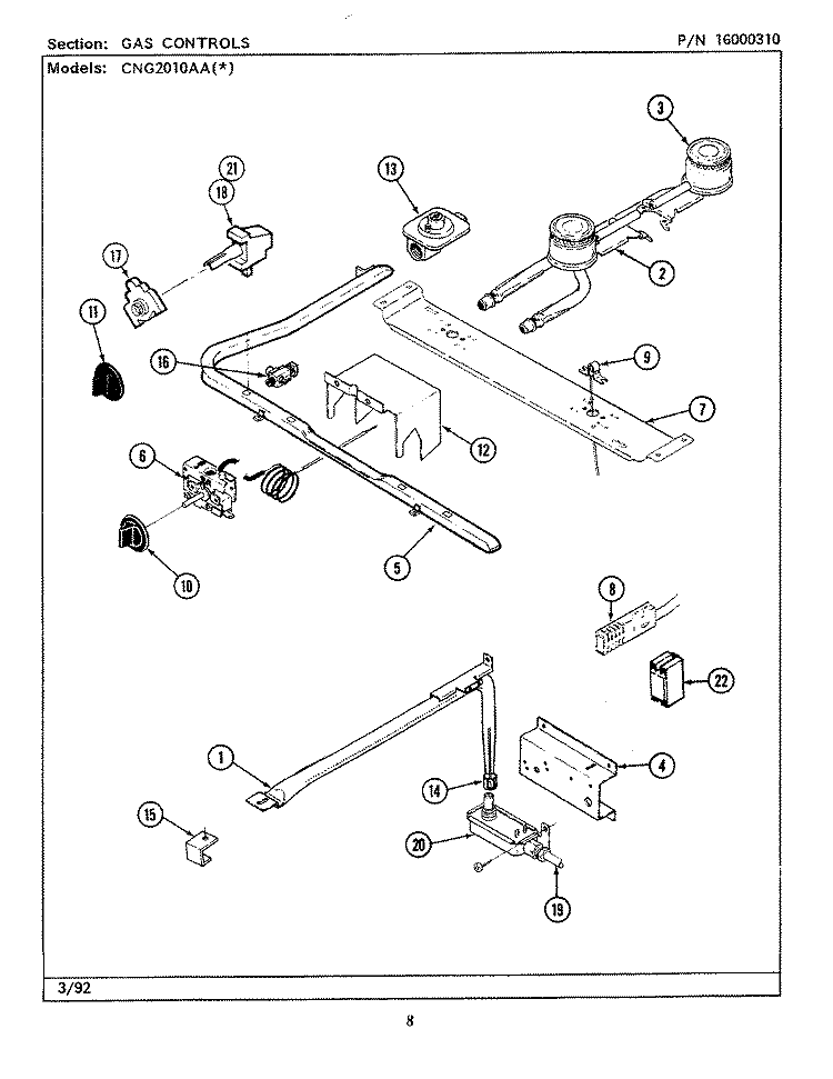 GAS CONTROLS (CNG2010AAx) Diagram and Parts List for CNG2010AAW  Maytag Range