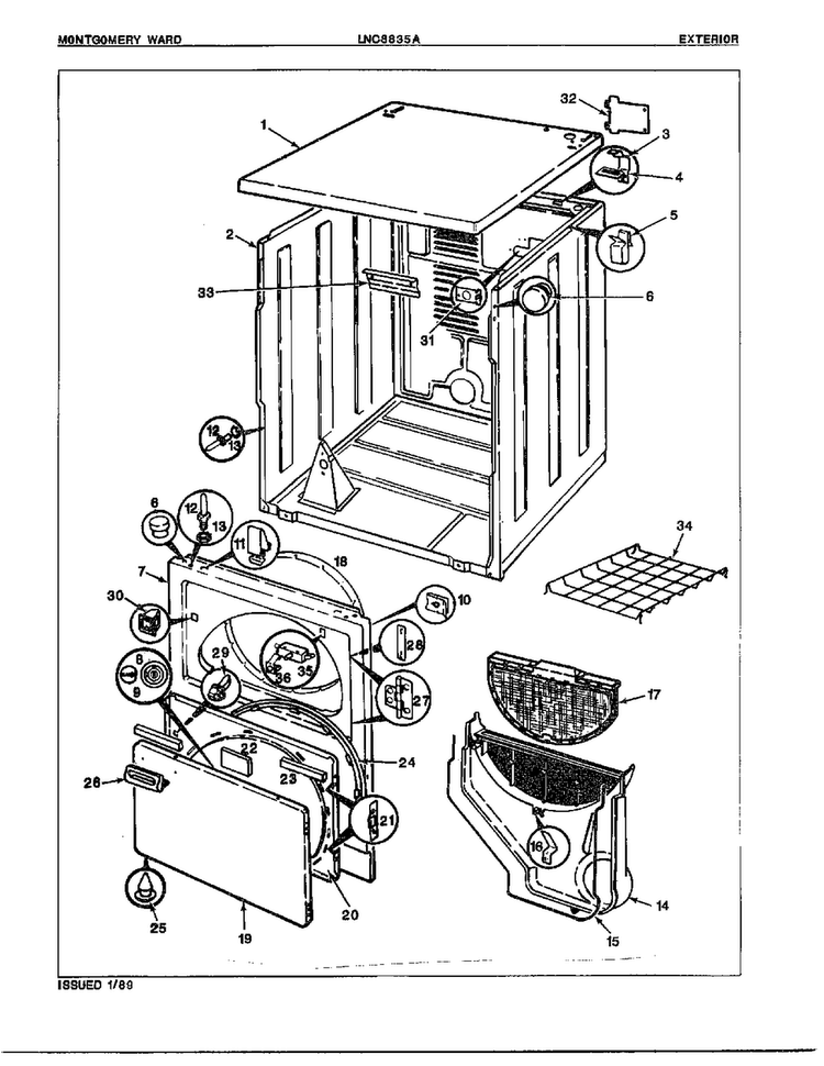 Gas Dryer Exterior Assembly Diagram and Parts List for 8835A  Norge Dryer